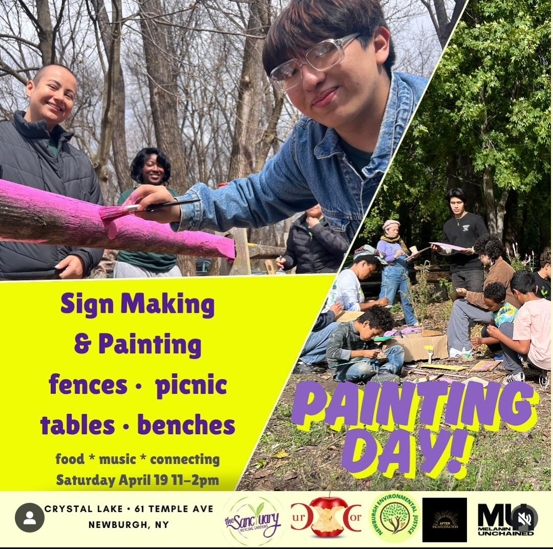 A flyer promoting a "Sign Making & Painting" event at Crystal Lake on Saturday, April 19th, featuring food, music, and connecting activities.  The flyer shows various people engaged in painting and sign-making activities at Sanctuary Gardens, Newburgh 