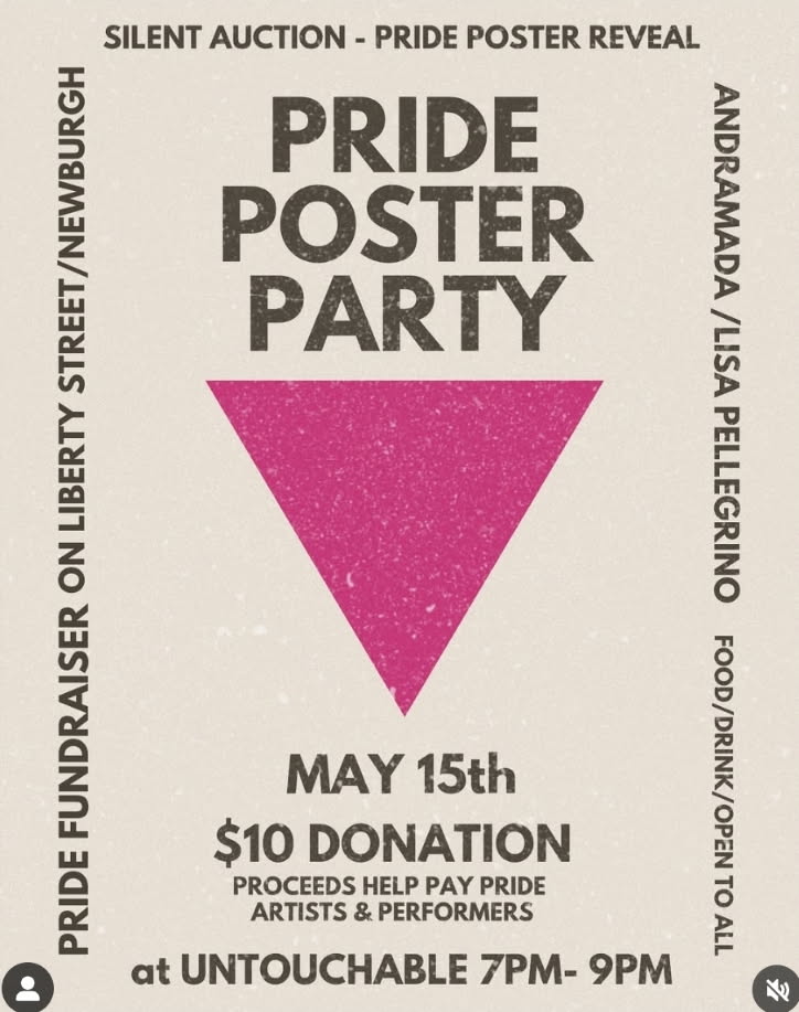 Pride poster party advertisement featuring pink triangle on white background, May 15th event details